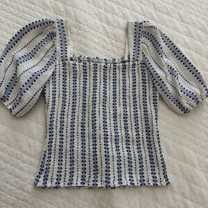 Evereve White Square Neck Puff Sleeve Top with Blue Embroidered Stripes